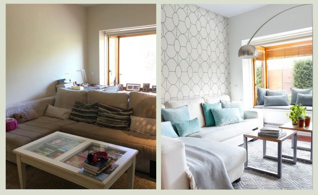 El antes y después de la renovación de una zona de estar con decoración y estilismo por Pilar Perea