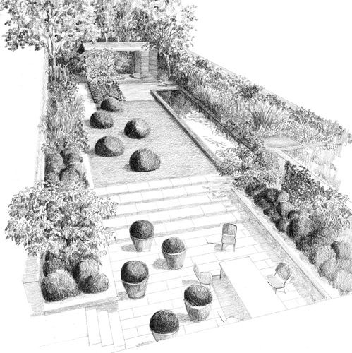 Boceto de proyecto de Diseño de Jardín del paisajista Tom Stuard Smith, en Chelsea.