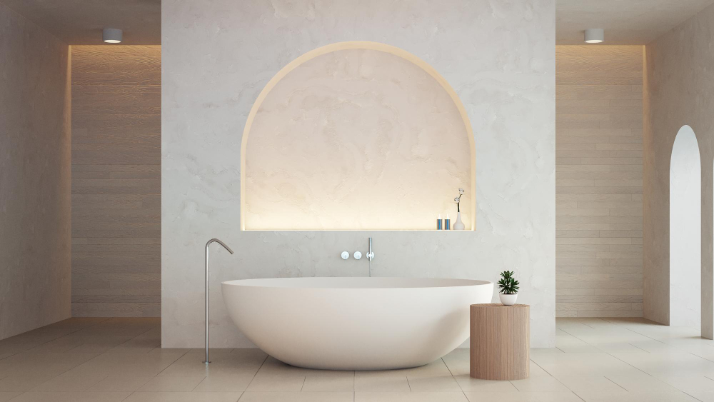 Render 3D de proyecto de diseño de interiores de baño.